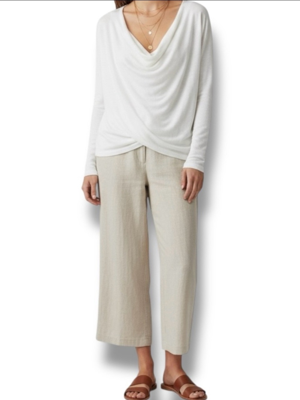 Eileen Fisher Draped Front Relaxed Fit Long Sleeve Knit Top Ivory White